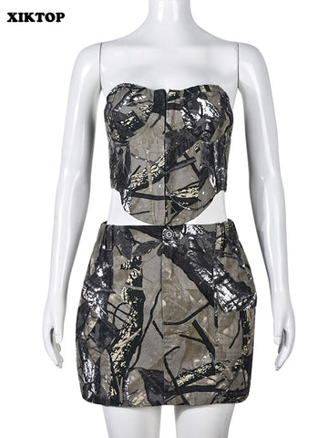 XIKTOP Camouflage Mini Skirt Set Women 2 Pieces Sexy Irregular Off Shoulder Crop Top+Pockets Patchwork Skirt Outfits Y2K Street