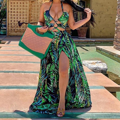 Sexy Deep V Spaghetti Strap Backless Split Long Skirts Lady Evening Dress Women Fashion Elegant Floral Print Solid Color Dresses