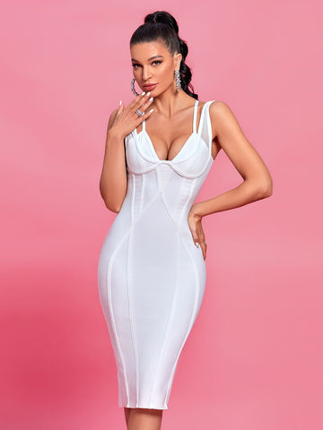 Midi Bandage Dress Women White Party Dress Bodycon Elegant Sexy Spaghetti Strap Mesh Evening Birthday Club Outfit 2023 Summer
