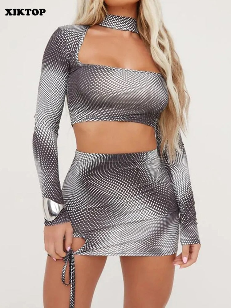XIKTOP Geometric Printed Skirt Set Women 2 Pieces Sexy Hollow Out Crop Top+Lace-up Slim Skirt Outfits Y2K Party Streetwear Suit