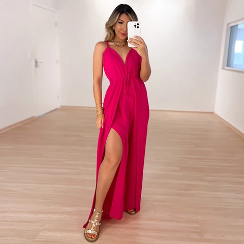 Olivekwok Streetwear Spaghetti Strap Deep V-neck Summer Jumpsuit Fashion Side Slit Backless Elegant Sexy Party Playsuit Overalls