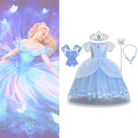 Disney Girls Luxury Cinderella Princess Dress Kids Sequins Flower Tulle Frock Ball Gown Children Halloween Party Cosplay Costume