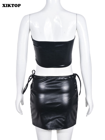 XIKTOP Leather Lace-up Skirt Set Women 2 Pieces 2023 Sexy Hollow Chest Warp Crop Top+Slim Skirts Y2K Outfits Gothic Night Clubw