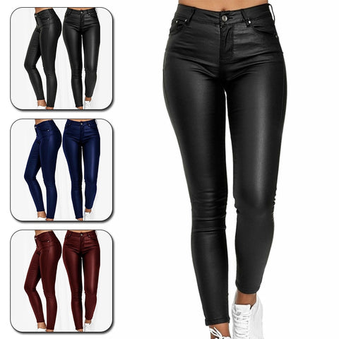 Women PU Leather Leggings Pants Solid Casual Sexy Stretch Bodycon Trousers High Waist Skinny Pencil Pants Fashion Slim Fit