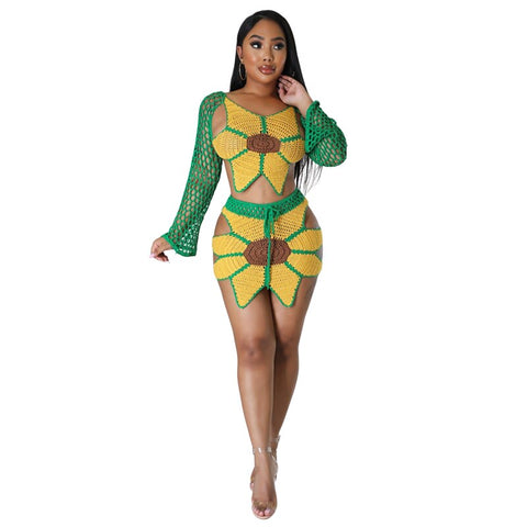 Hand Crochet Sunflower Knitted Two Piece Set Women Summer Beach Dress Suits Long Sleeve Lace Up Backless Crop Tops Mini Skirts