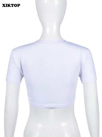 XIKTOP Printed Lace-up Tshirt Women 2023 Summer Sexy Hollow Out Crop Top Stylish All-Matching Y2K Clothes Casual Streetwear