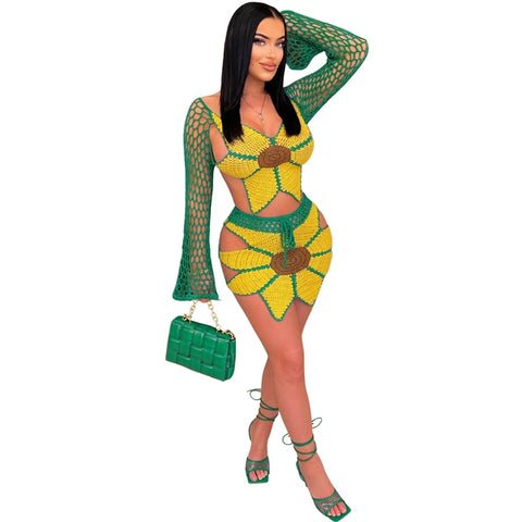 Hand Crochet Sunflower Knitted Two Piece Set Women Summer Beach Dress Suits Long Sleeve Lace Up Backless Crop Tops Mini Skirts