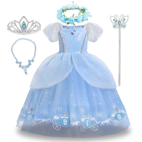 Disney Girls Luxury Cinderella Princess Dress Kids Sequins Flower Tulle Frock Ball Gown Children Halloween Party Cosplay Costume