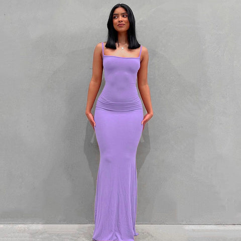 2022 New Summer Spaghetti Strap Black Skims Long Dress Women Sleeveless Solid Skinny Bodycon Trumpet Maxi Dresses Sexy Vestidos