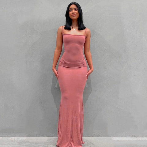2022 New Summer Spaghetti Strap Black Skims Long Dress Women Sleeveless Solid Skinny Bodycon Trumpet Maxi Dresses Sexy Vestidos