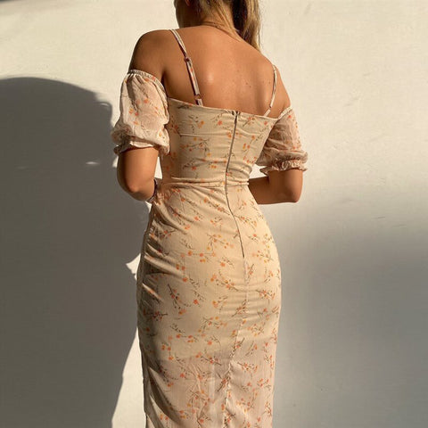 Puff Sleeve Off Shoulder Chest Wrap Slim Fit Dress Chiffon Floral Print Summer Dress For Women Sexy Spaghetti Strap Club Dresses