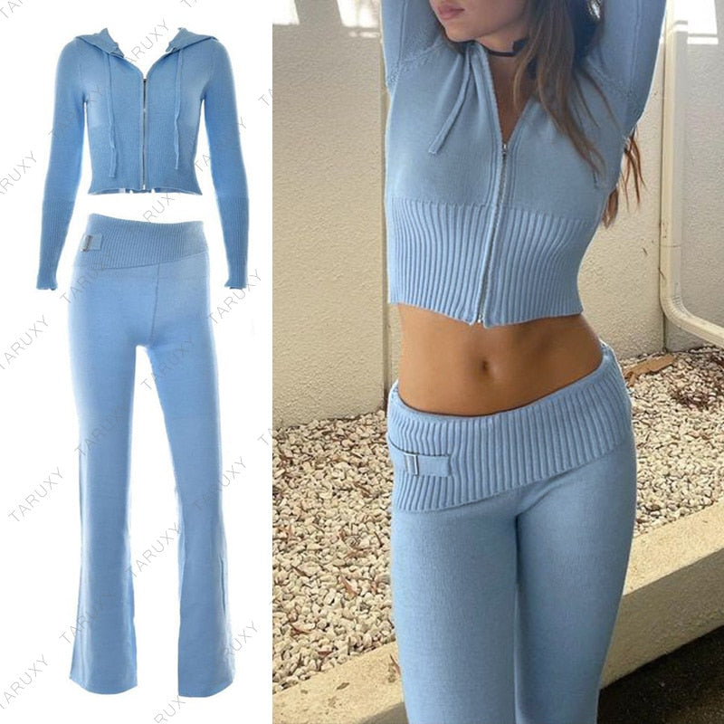 TARUXY Spring New Hoodie Cropped Top And Pants Sets White Y2k Casual Outfits Low Waist Knit Two Piece Sets For Women Tracksuit