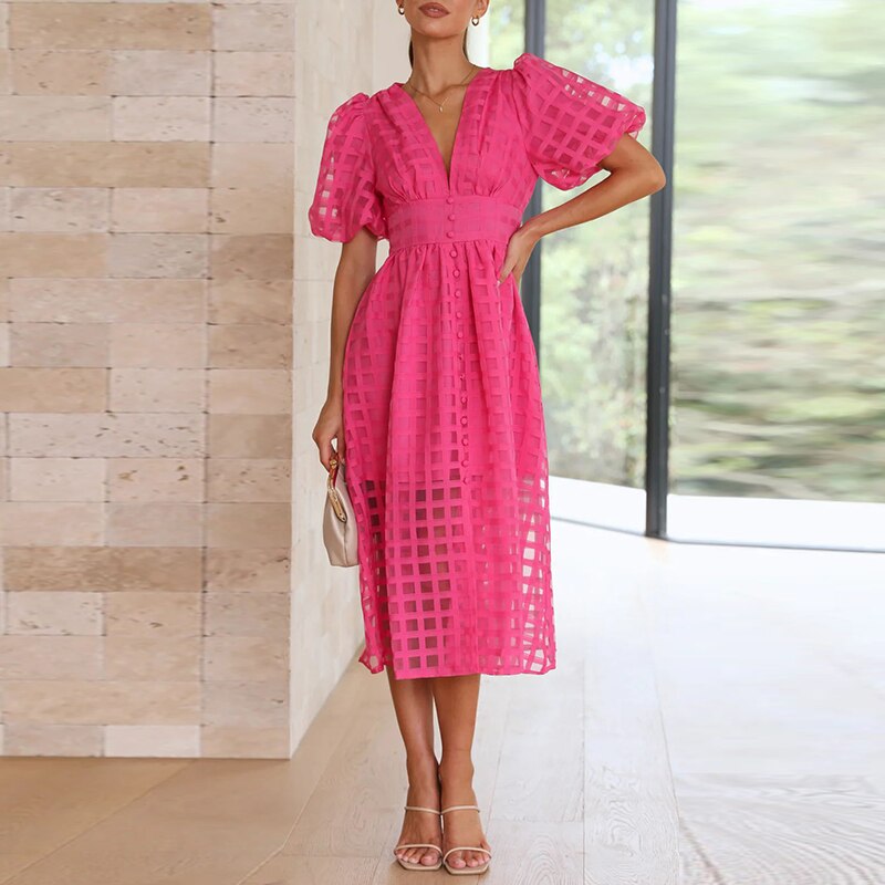 High Waist Lantern Sleeve V Neck Dress Solid Color Mesh Yarn Button Long Dress Casual Elegant Party Dresses Women Summer Vestido