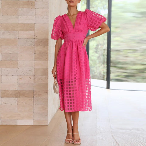 High Waist Lantern Sleeve V Neck Dress Solid Color Mesh Yarn Button Long Dress Casual Elegant Party Dresses Women Summer Vestido