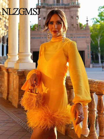 Nlzgmsj TRAF  Women Fashion Sexy Mini Tassel Dress Evening Party Elegant Long Sleeves bow decoration Evening Dress