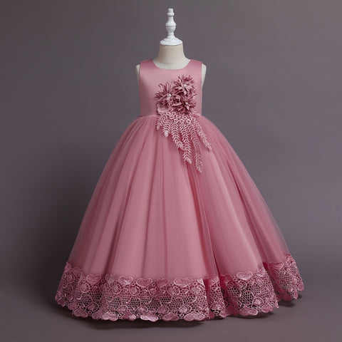New Children Embroidery Fashion Dress Skirt Summer Long Lace Edge Princess Catwalk Dress Girls Flower Party Performance Dress