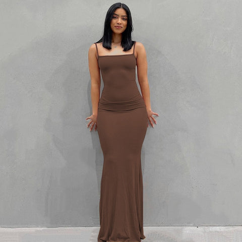 2022 New Summer Spaghetti Strap Black Skims Long Dress Women Sleeveless Solid Skinny Bodycon Trumpet Maxi Dresses Sexy Vestidos