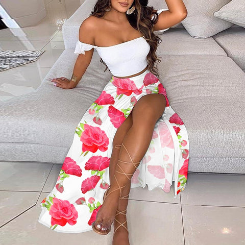 Summer New Women Sexy Slim Two Piece Set Off Shoulder Split Floral Print Crop Tops And Long Skirt Suit Lady Elegant 2 Piece Sets