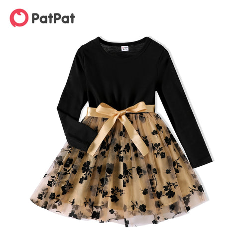 PatPat Kid Girl Dresses Floral Embroidered Belted Mesh Splice Long-sleeve Dress