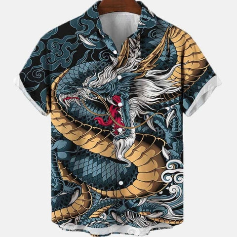 Men&#39;s Summer Dragon Pattern Element Street Costumes Skeleton Luxury Floral Social Casual Masculina Hawaiian Short Sleeve Shirt