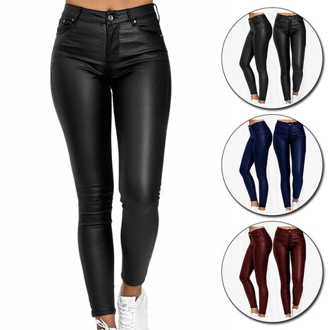 Women PU Leather Leggings Pants Solid Casual Sexy Stretch Bodycon Trousers High Waist Skinny Pencil Pants Fashion Slim Fit