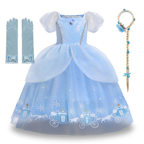Disney Girls Luxury Cinderella Princess Dress Kids Sequins Flower Tulle Frock Ball Gown Children Halloween Party Cosplay Costume