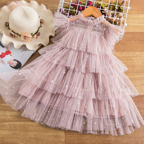 2023 New Sequin Summer Dress for Girls Tulle Layered Kids Birthday Party Dress Star Printing Children Summer Holiday Casual Wear