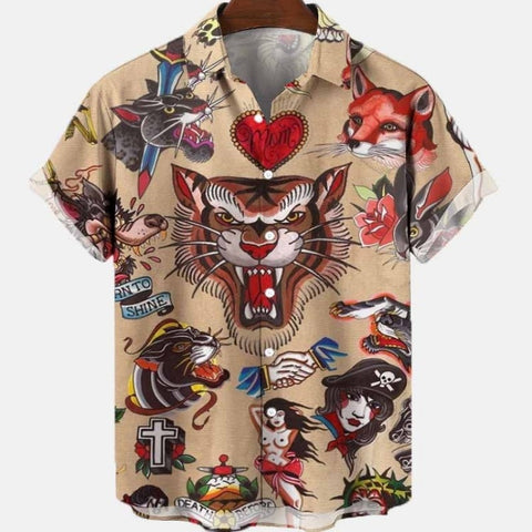 Men&#39;s Summer Dragon Pattern Element Street Costumes Skeleton Luxury Floral Social Casual Masculina Hawaiian Short Sleeve Shirt