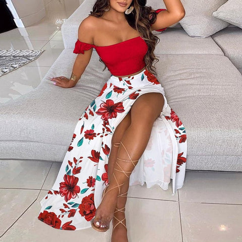 Summer New Women Sexy Slim Two Piece Set Off Shoulder Split Floral Print Crop Tops And Long Skirt Suit Lady Elegant 2 Piece Sets