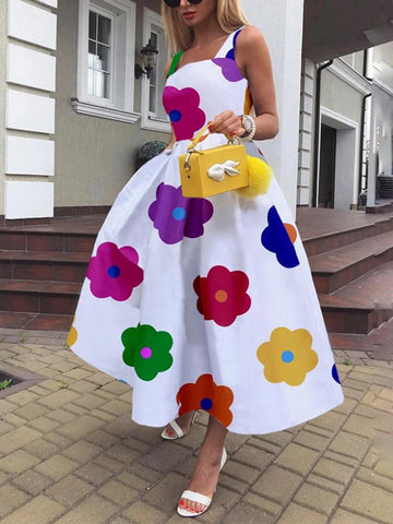 Uoozee 2023 New Women Sweet Style Floral Printed Square-Neck Elegant Party Evening A-Line Dress Summer Prom Midi Dresses