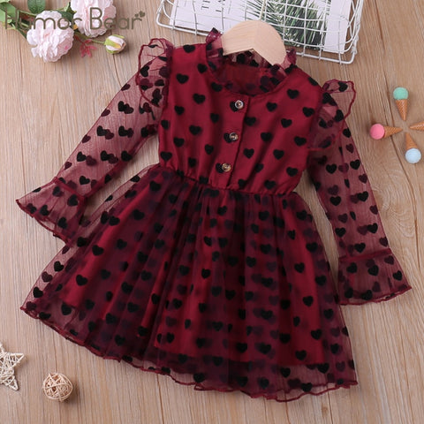 Humor Bear 2022 Girl Long Sleeve Dress Spring Summer Mesh Yarn  Heart Printed Princess Party Dress Kid Clothes For 2-6Y