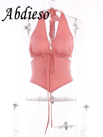 Abdieso Y2K Backless Sexy Cut Out Summer Crop Top Women Black Streetwear Fashion 2023 Halter Neck Sleeveless Lace Up Tank Tops