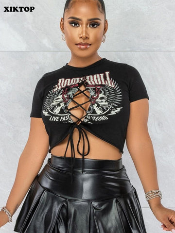 XIKTOP Printed Slit Tshirt Women 2023 Summer Sexy Lace-up Y2K Clothes Casual All-Matching Crop Top Female Streetwear