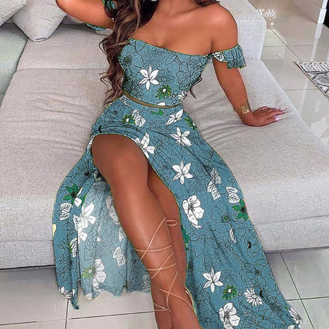 Summer New Women Sexy Slim Two Piece Set Off Shoulder Split Floral Print Crop Tops And Long Skirt Suit Lady Elegant 2 Piece Sets