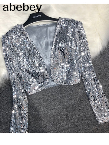 Sequins Patch Jacket Women Spring Long Sleeve Gold Silver Shiny Crop Top Dance Party Korean Slim Open Stitch Female