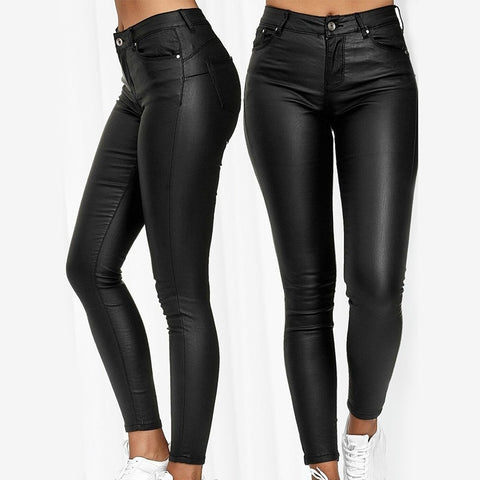Women PU Leather Leggings Pants Solid Casual Sexy Stretch Bodycon Trousers High Waist Skinny Pencil Pants Fashion Slim Fit