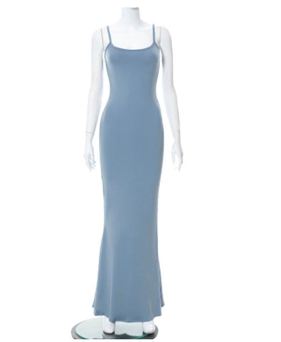 Women Summer Sexy Solid Spaghetti Strap Backless Bodycon Maxi Mermaid Dress 8 Colors