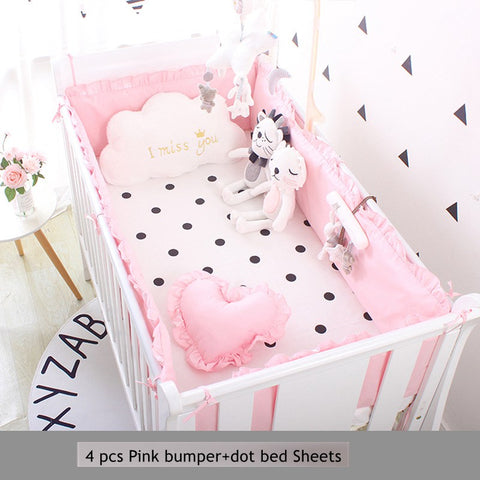 5pcs Set Baby Sweet Pink Dot Cot Bumpers Bed Sheet Bed Surrounding Cotton Craddle Bedding Baby Bedroom Supplies