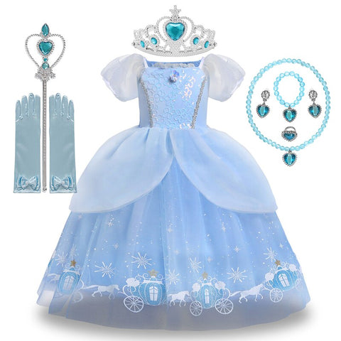 Disney Girls Luxury Cinderella Princess Dress Kids Sequins Flower Tulle Frock Ball Gown Children Halloween Party Cosplay Costume