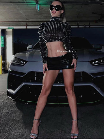 Women Long Sleeve Crop Top Evening Party Crystal Bandage Jacket Elegant Sexy Mesh Birthday Club Outfits 2023 New Fashion