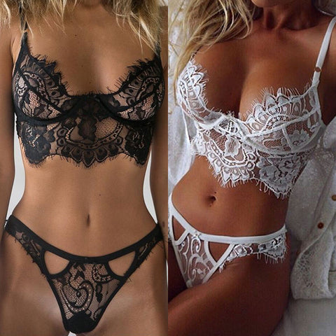 Women&#39;s Sexy Lace Underwear Set Erotic Ladies Lingerie See-through Bra Thong Mini Babydoll Briefs Underpants Black Bodysuit