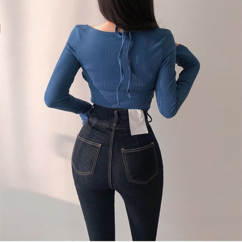 Women Skinny Long Sleeve Blouse T-Shirt Summer Sexy Girl Cutout Crop Top Knitted Chic Detachable Two Piece Tops Streetwear