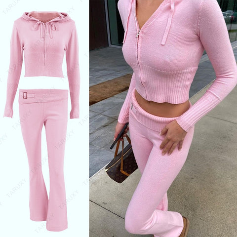 TARUXY Spring New Hoodie Cropped Top And Pants Sets White Y2k Casual Outfits Low Waist Knit Two Piece Sets For Women Tracksuit