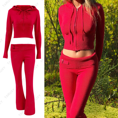 TARUXY Spring New Hoodie Cropped Top And Pants Sets White Y2k Casual Outfits Low Waist Knit Two Piece Sets For Women Tracksuit