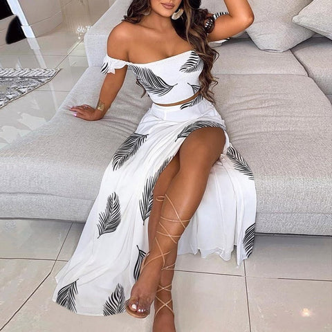 Summer New Women Sexy Slim Two Piece Set Off Shoulder Split Floral Print Crop Tops And Long Skirt Suit Lady Elegant 2 Piece Sets