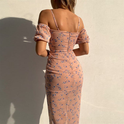 Puff Sleeve Off Shoulder Chest Wrap Slim Fit Dress Chiffon Floral Print Summer Dress For Women Sexy Spaghetti Strap Club Dresses