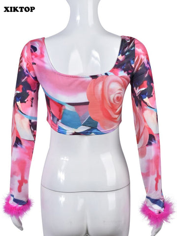 XIKTOP Aesthetic Printed T-shirts Women 2023 Stylish Feather Cuffs Y2K Clothes Sexy Slim Square Neck Crop Top Vacation Street