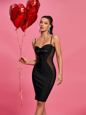 Black Bandage Dress Women Mini Party Dress Bodycon Elegant Sexy Mesh Insert Spaghetti Strap Evening Birthday Club Outfit 2023