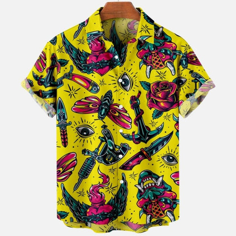 Men&#39;s Summer Dragon Pattern Element Street Costumes Skeleton Luxury Floral Social Casual Masculina Hawaiian Short Sleeve Shirt