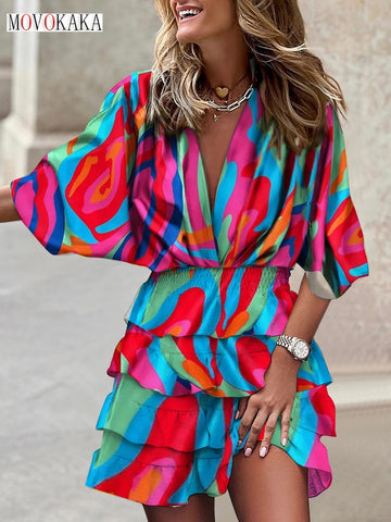 MOVOKAKA Ladies Spring Summer Sexy Beach Dress Batwing Sleeve V-neck Beam Waist Casual Mid Dress For Women Print Tierred Dresses